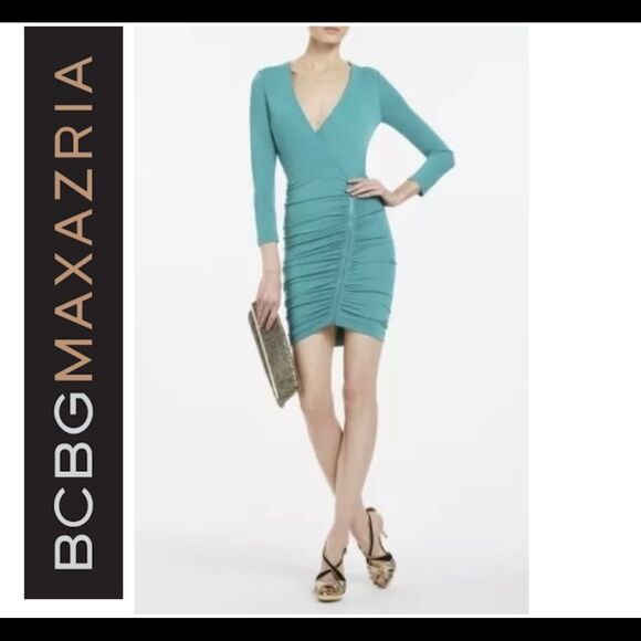 BCBGMAXAZRIA teal seagreen long sleeve wrap ruched mini dress Sz S - Picture 1 of 13